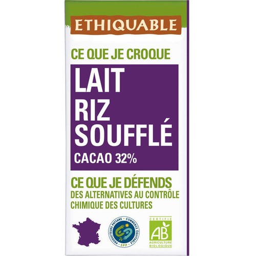 Ethiquable Chocolat Au Lait Au Riz Soufflé 32% Bio 100g