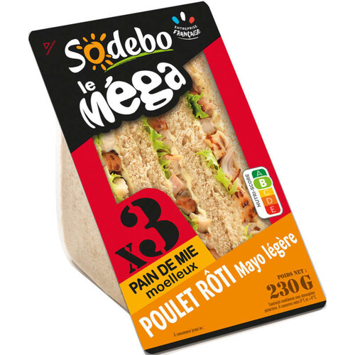 Sodebo Sandwich Méga club complet poulet rôti mayo légère 230g