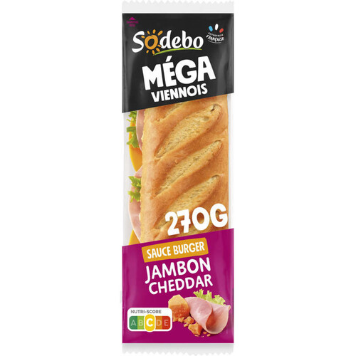 Sodebo Sandwich Méga baguette viennois jambon cheddar sauce burger 270g