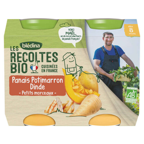Blédina Les Récoltes Bio Panais potimarron Dinde Petits morceaux 2x200g