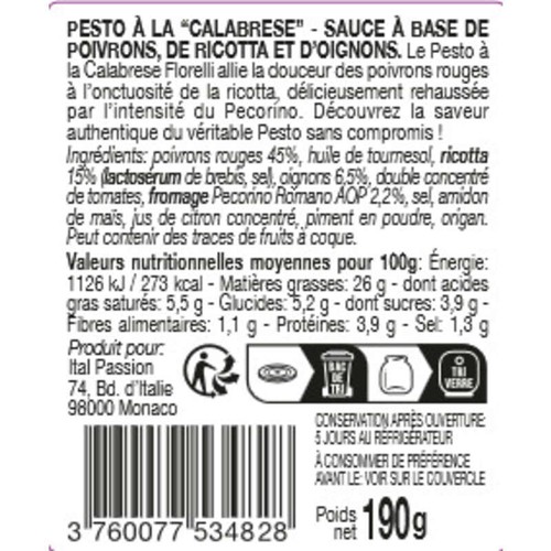 Florelli Pesto à la calabrese poivrons, ricotta et oignon 190g