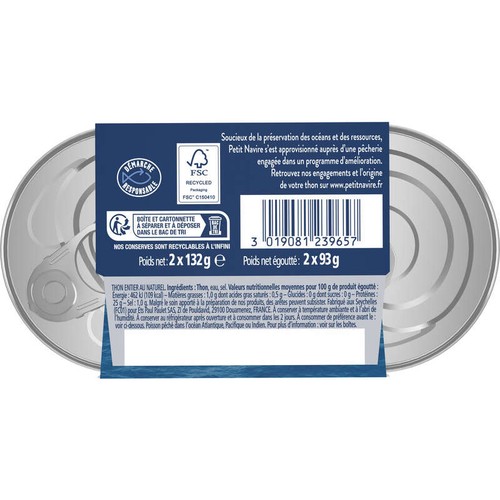 Petit Navire Thon Entier Au Naturel 2x93g