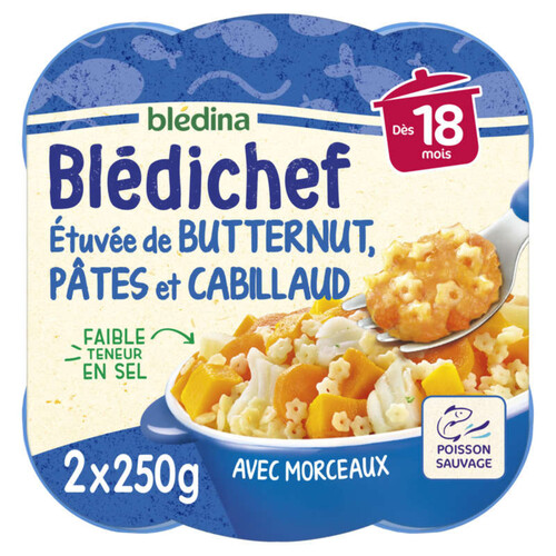 Bledina Bledichef Etuvée De Butternut, Pâtes Et Cabillaud 2X250G Dès 18 Mois