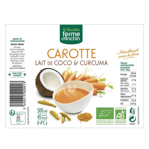 Ferme d'Anchin Soupe Carotte, Lait de Coco et Curcuma Bio 500ml