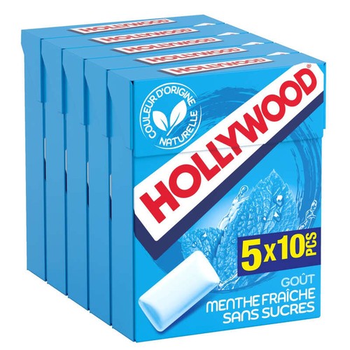 Hollywood Chewing-gum sans sucres avec édulcorants - Parfum menthe fraîche 5x14g