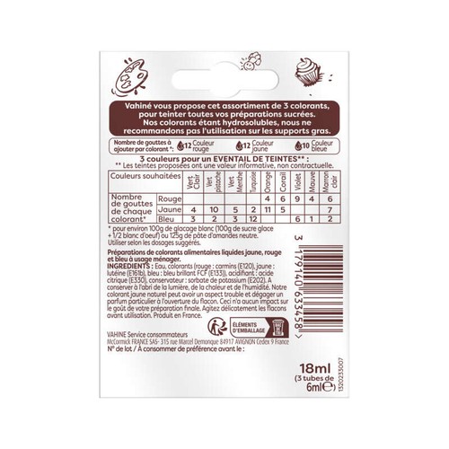 Vahiné Colorants alimentaires 3x6ml