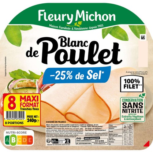 Fleury Michon Blanc De Poulet -25% De Sel Tranches Fines x8