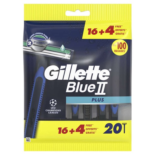 Gillette Blue II Plus Rasoirs Jetables 2 Lames Ultra-Affûtées + Bande Lubrifiante x20