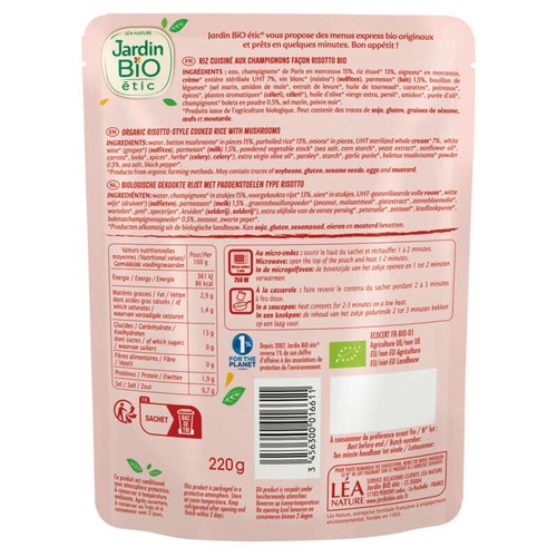 Jardin Bio Risotto champignon et parmesan 220g