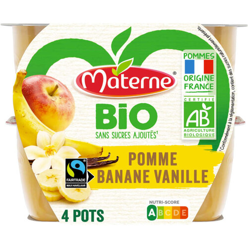 Materne Bio Compote Pomme Banane Vanille sans Sucres ajoutés Bio 4x100g