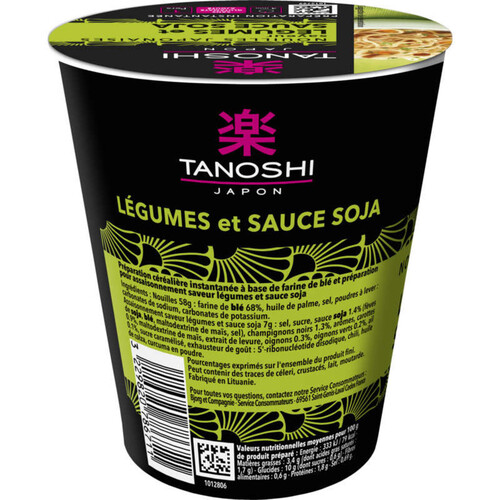 Tanoshi Nouilles japonaises, saveur légumes et sauce soja 65 g.