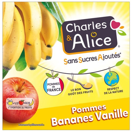 Charles & Alice Desserts fruités pommes bananes et vanille sans sucres ajoutés 4x97g