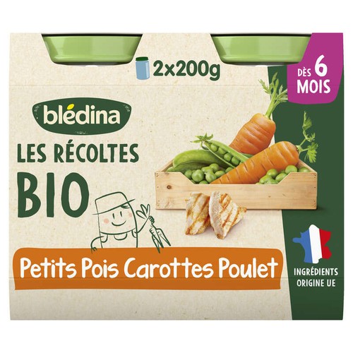 Blédina Petits Pots Bio Carottes Petits Pois Poulet Fermier 2x200g