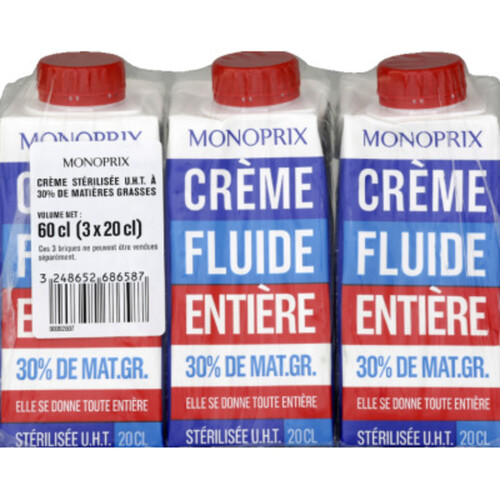 Monoprix Crème fluide entière 30% MG 3X20CL