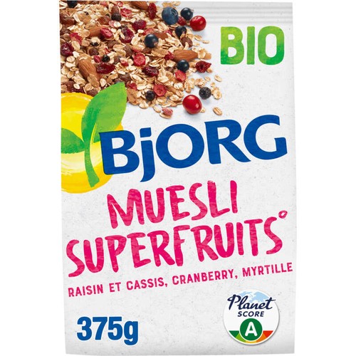 Bjorg Muesli superfruits raisin, cassis, cranberry, myrtille, Bio 375g