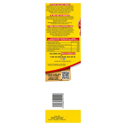 Justin Bridou saucisson Juste Sèche pur porc nature 275g