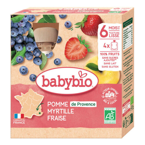 Babybio purée de pomme, myrtille et fraise bio 6M le pack de 4x90g