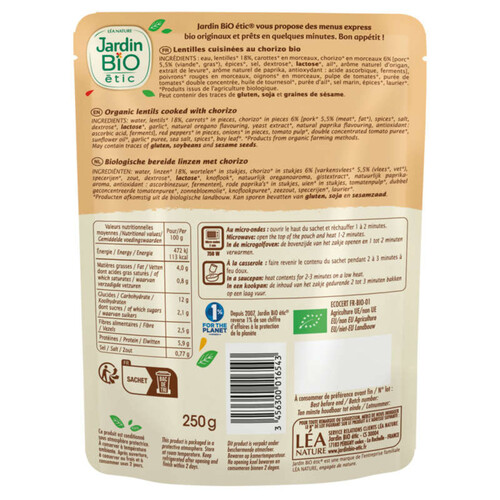 Jardin Bio Lentilles Cuisinées au Chorizo Bio 250g