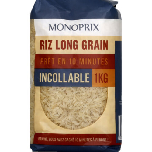 Monoprix Riz Long Grain Incollable, Prêt en 10 minutes 1Kg