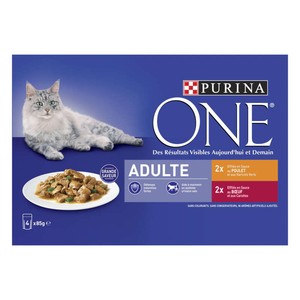 Purina One Pâtée Chat Adulte Poulet, Bœuf - 4x85g
