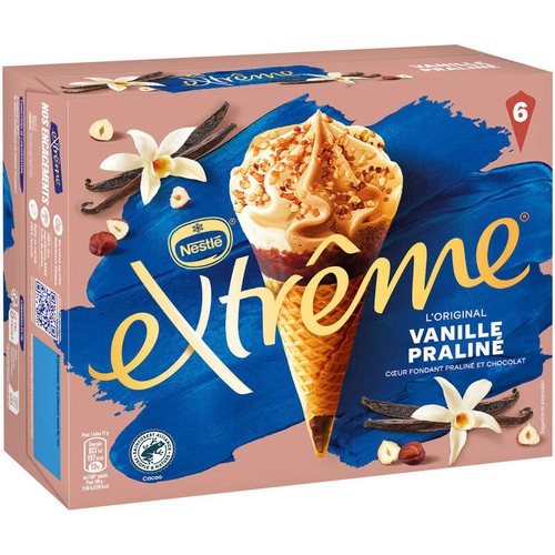 Nestlé Extrême Cônes Vanille Praliné cœur fondant Praliné 6x71g