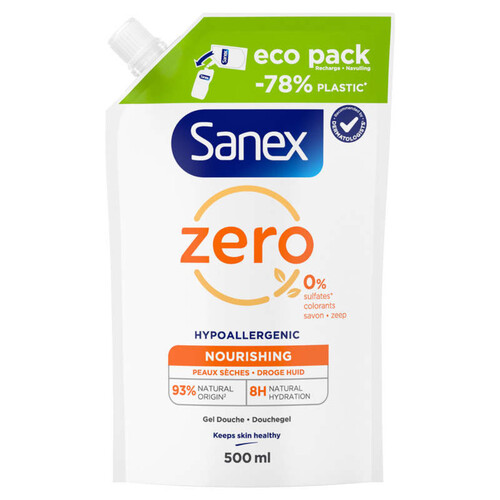 Sanex Recharge Gel Douche Nourrissant Zero% Essential Peaux Sèches 500ml
