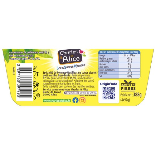 Charles & Alice desserts fruités pommes myrtilles sans sucres ajoutés 4x97g