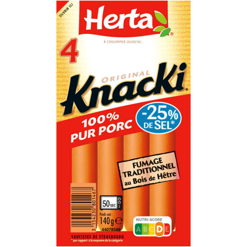 Herta Knacki saucisses 100% pur porc sel réduit x4