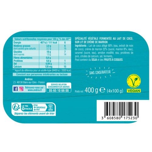 Andros Brassé Végétal Nature sur lit de Marron au lait de Coco 4x100g