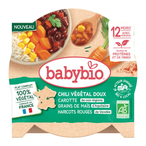 Babybio Chili végétarien doux Carotte des Landes ,Grain de maïs d'Aquitaine, Bio