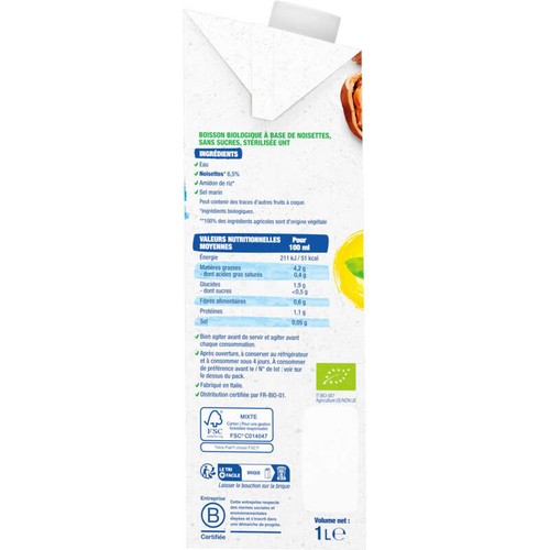 Bjorg Boisson Noisette sans sucres Bio 1L