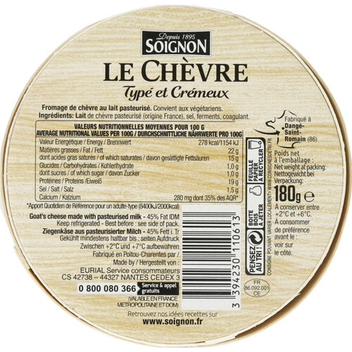 Soignon Fromage De Chèvre Typé Et Crémeux 180g