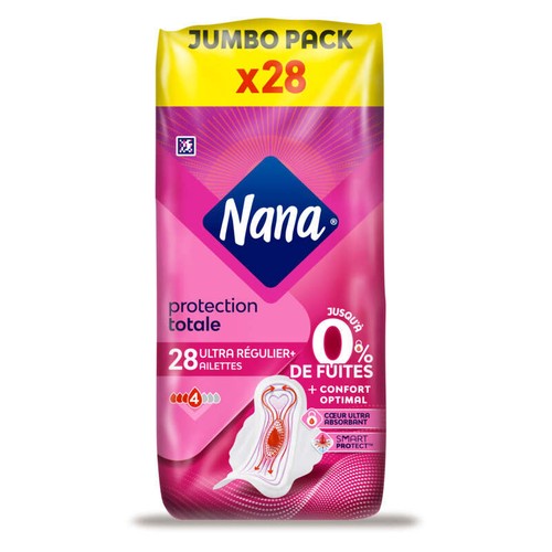 Nana Serviettes Hygiéniques V-Protection avec Ailettes Ultra Plus Jumbo Pack x28