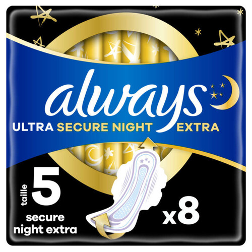 Always Ultra Serviettes Secure Night Extra (taille 5) Ailettes X8