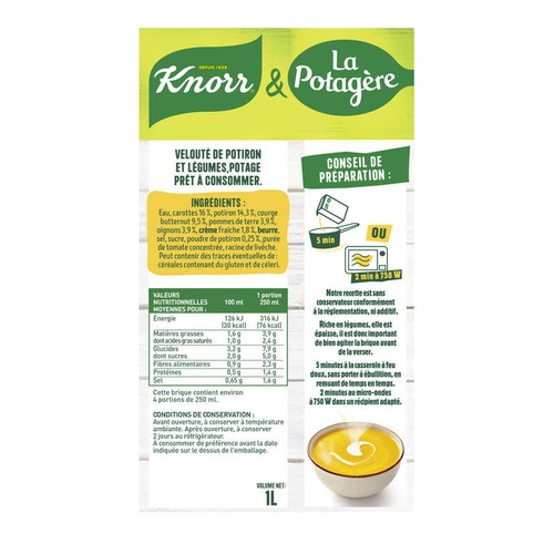 Knorr Soupe Velouté de Potiron à la Crème fraiche Française 1L