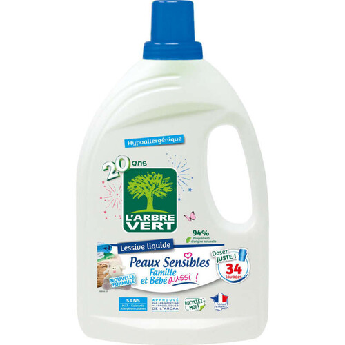 L'Arbre Vert Lessive Liquide Peaux Sensibles 34 Lavages 1,53L