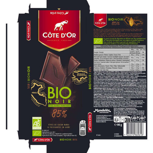 Côte d'Or Bio Noir tablette chocolat 85% 90g