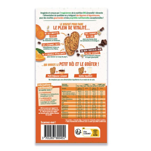 Greendoz Biscuits Petit Déjeuner Et Goûter Chocolat Carotte Et Orange 170g