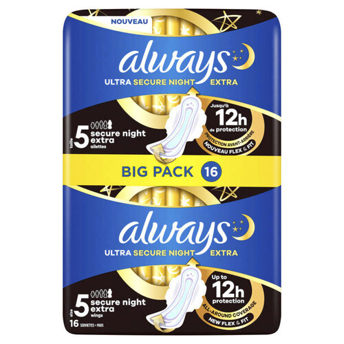 Always ultra serviettes secure night extra taille 5 ailettes x16