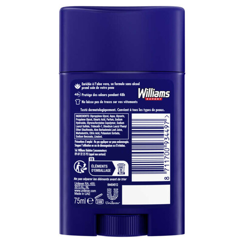 Williams Déodorant Homme Stick Peau Sensible 75ml