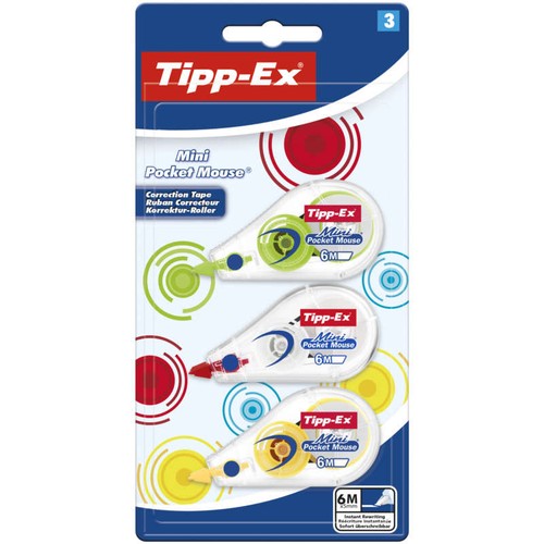 Tipp-Ex Mini Pocket Mouse Rubans Correcteurs 6 m x 5 mm - Couleurs Fantaisie Assorties - Blister de 3