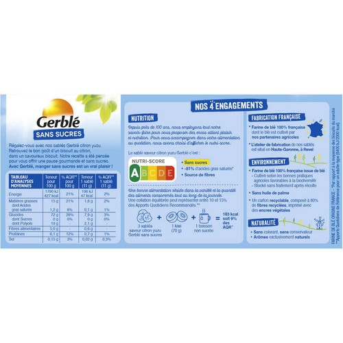 Gerblé Biscuit Citron Yuzu Sans Sucres Ajoutés  132g
