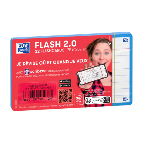 Oxford 32 flashcards 7,5x12,5cm 4 couleurs de cadre non perforés