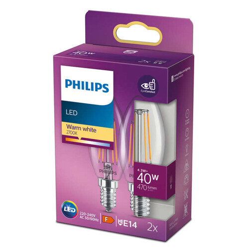 Philips Ampoule LED Classic 40W B35 E14 x2