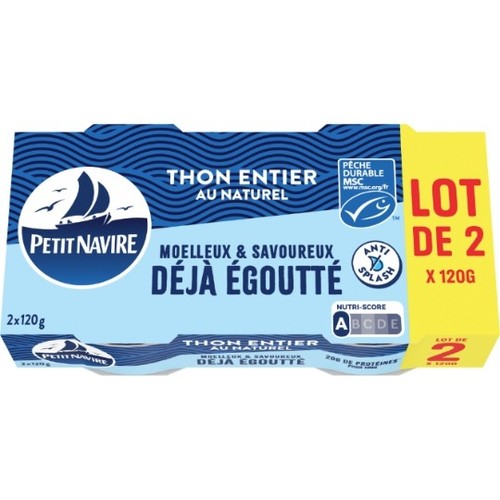 Petit Navire Thon entier au naturel déjà égoutté msc 2x120g