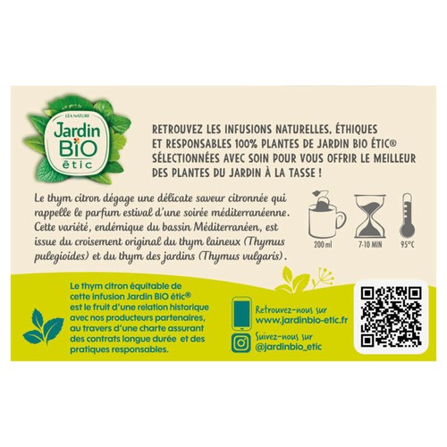 Jardin Bio Etic Infusion Thym Citronné Sachet x20 30g