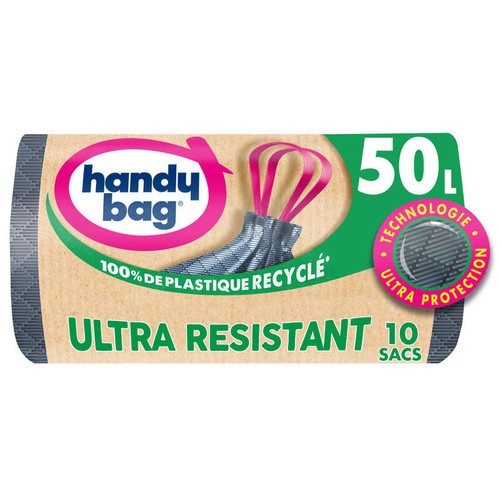 Handy Bag Sacs poubelle poignées coulissantes Ultra Résistant 100% plastique recyclé 10x50L + 30% Offert