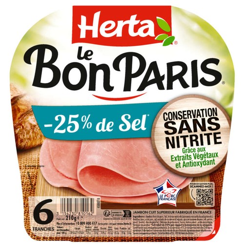 Herta Le Bon Paris Jambon avec moins de 25% de sel et sans nitrite x6 210g