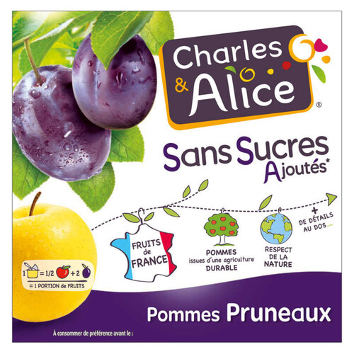 Charles & Alice Compote De Pomme Pruneaux Sans Sucres Ajoutés 4X100G