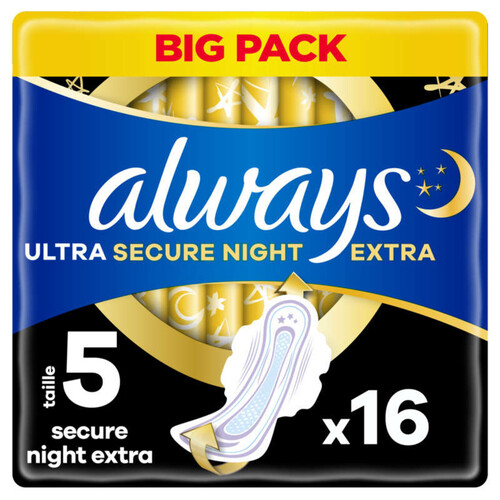 Always ultra serviettes secure night extra taille 5 ailettes x16